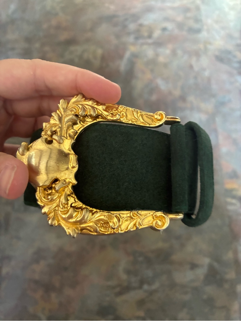American Vintage Dark Green Suede Belt with Ornate Gold Buckle